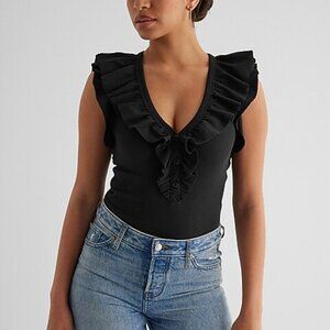 EXPRESS NWT Black Fitted V Neck Ruffle Henley Ribbed - Large